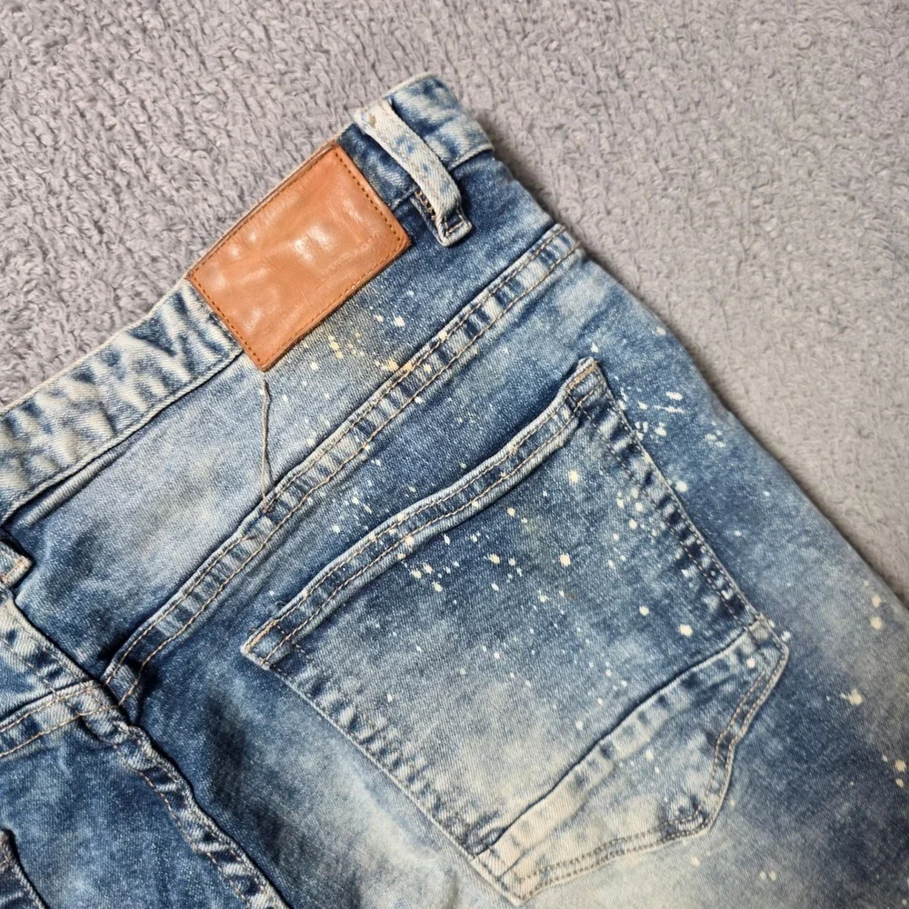 Smoke Rise Mens 38x32 Moto Jeans Blue Acid Wash Paint Splatter Distressed Biker